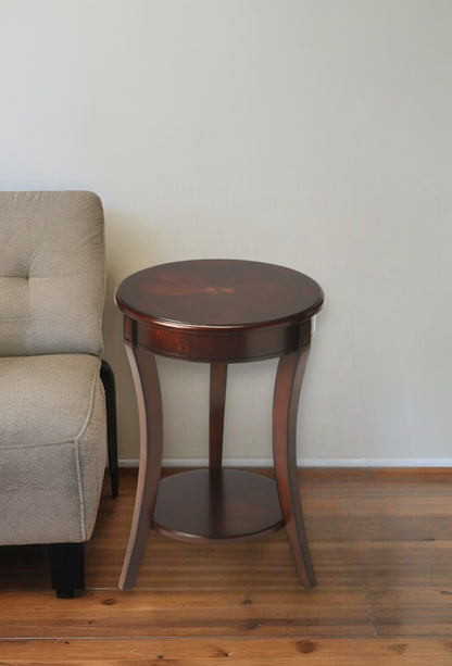 26" Dark Brown Wood And Wood Round End Table With Shelf