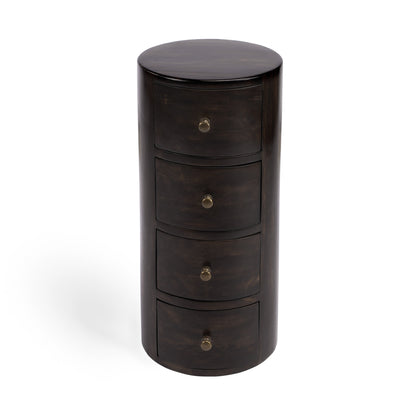 24" Dark Brown Round Column Shaped Pedestal End Table With Four Drawers