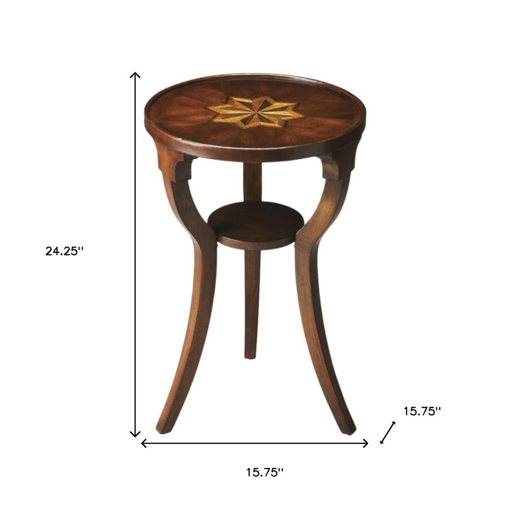 24" Wood Brown Wood And Solid Wood Round End Table With Shelf