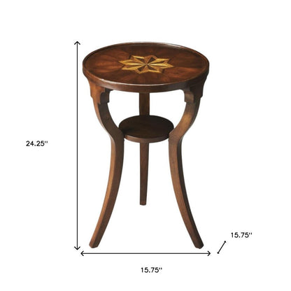 24" Wood Brown Wood And Solid Wood Round End Table With Shelf