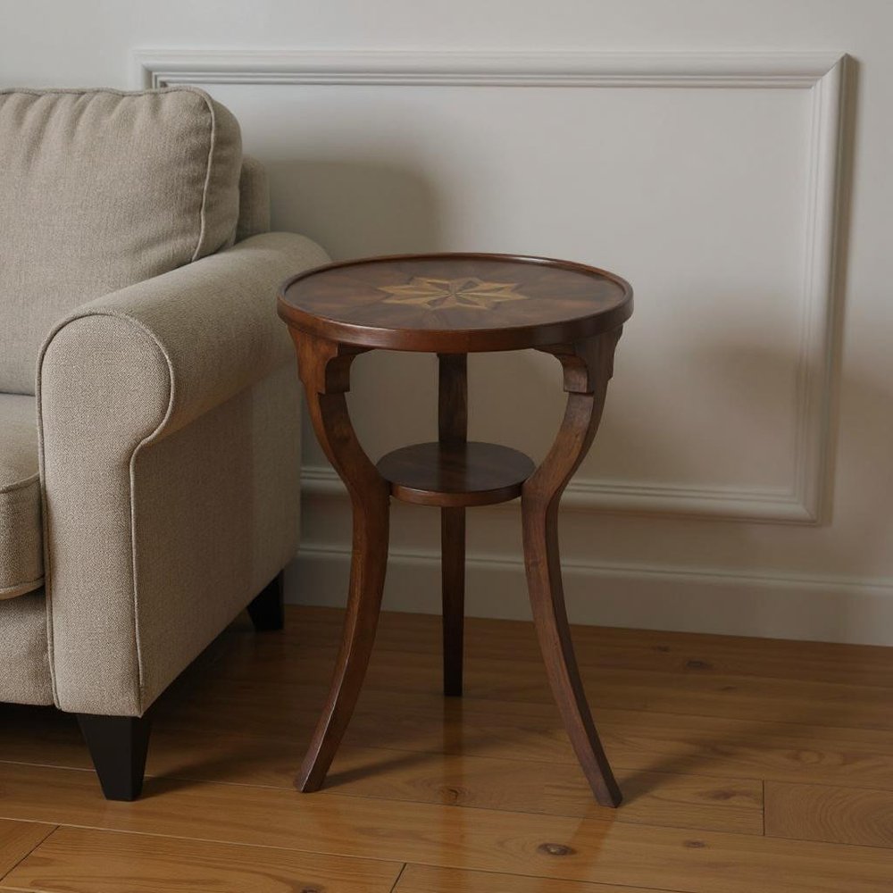 24" Wood Brown Wood And Solid Wood Round End Table With Shelf
