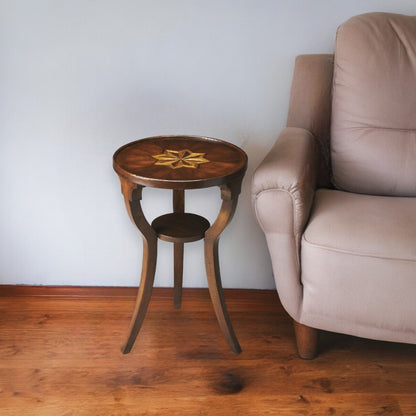 24" Wood Brown Wood And Solid Wood Round End Table With Shelf