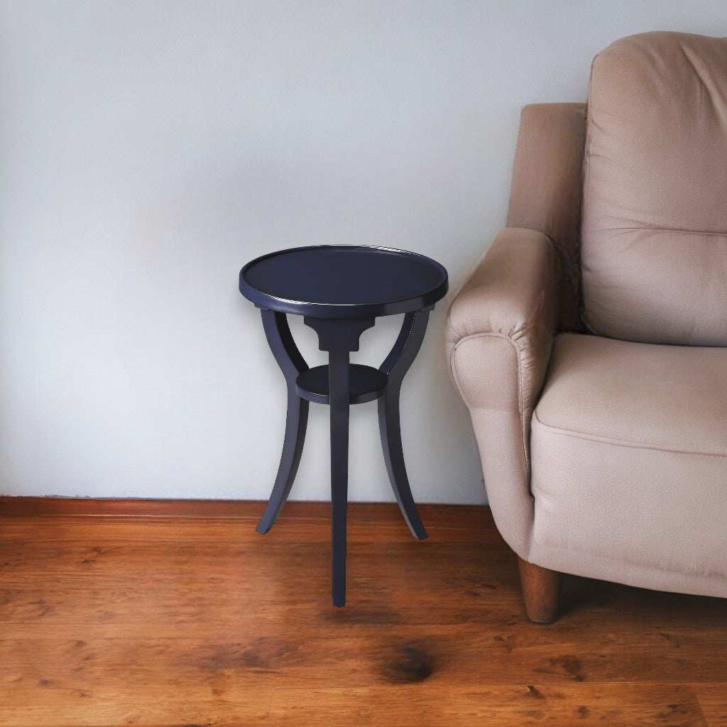 24" Blue Wood And Solid Wood Round End Table With Shelf