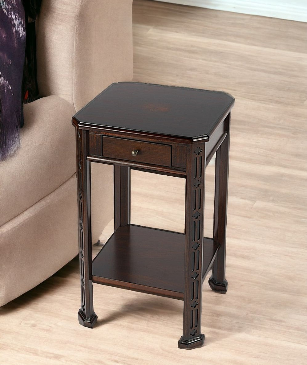 27" Dark Brown And Cherry Manufactured Wood Rectangular End Table With Drawer And Shelf