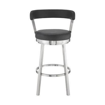 30" Black And Silver Fabric And Iron Backless Bar Height Swivel Bar Chair