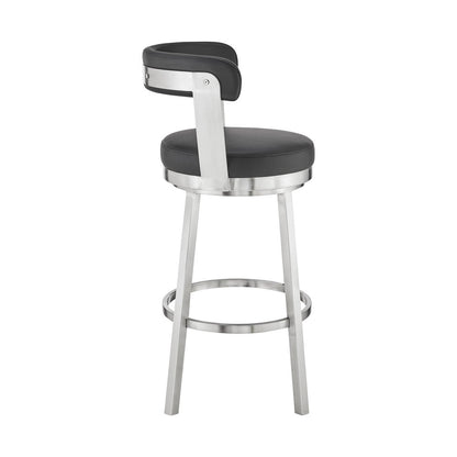 30" Black And Silver Fabric And Iron Backless Bar Height Swivel Bar Chair