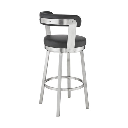 30" Black And Silver Fabric And Iron Backless Bar Height Swivel Bar Chair