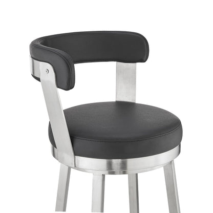 30" Black And Silver Fabric And Iron Backless Bar Height Swivel Bar Chair