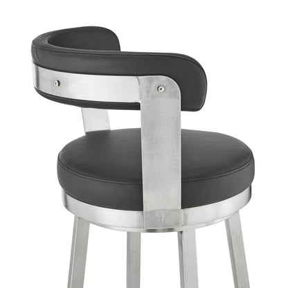 30" Black And Silver Fabric And Iron Backless Bar Height Swivel Bar Chair