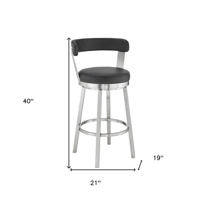 30" Black And Silver Fabric And Iron Backless Bar Height Swivel Bar Chair