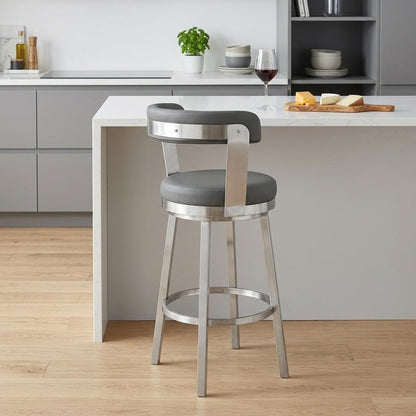 26" Gray And Silver Iron Swivel Backless Counter Height Bar Chair