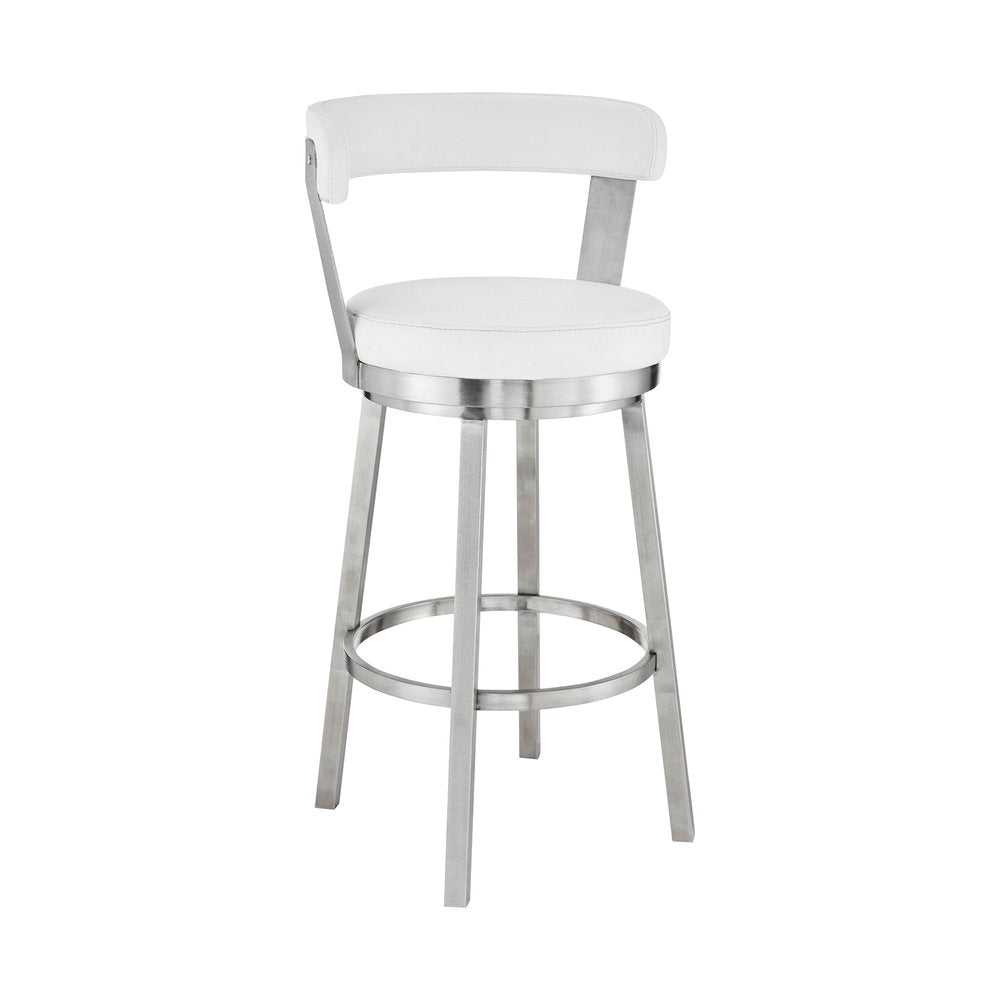 30" White And Silver Fabric And Iron Backless Bar Height Swivel Bar Chair