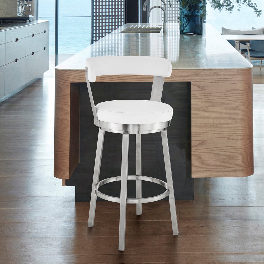 30" White And Silver Fabric And Iron Backless Bar Height Swivel Bar Chair