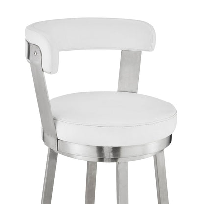 30" White And Silver Fabric And Iron Backless Bar Height Swivel Bar Chair