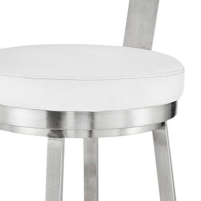 30" White And Silver Fabric And Iron Backless Bar Height Swivel Bar Chair