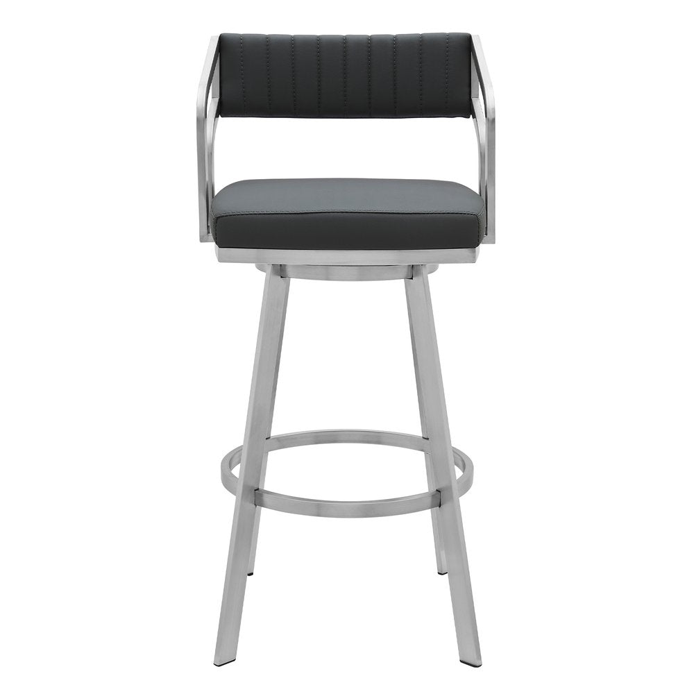 26" Gray And Silver Iron Swivel Low Back Counter Height Bar Chair
