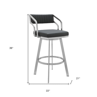 26" Gray And Silver Iron Swivel Low Back Counter Height Bar Chair