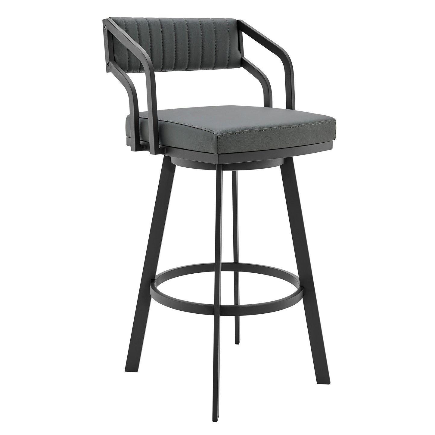 30" Gray And Black Iron Swivel Low Back Bar Height Bar Chair