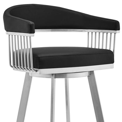 25" Black And Silver Fabric And Iron Backless Counter Height Swivel Bar Chair