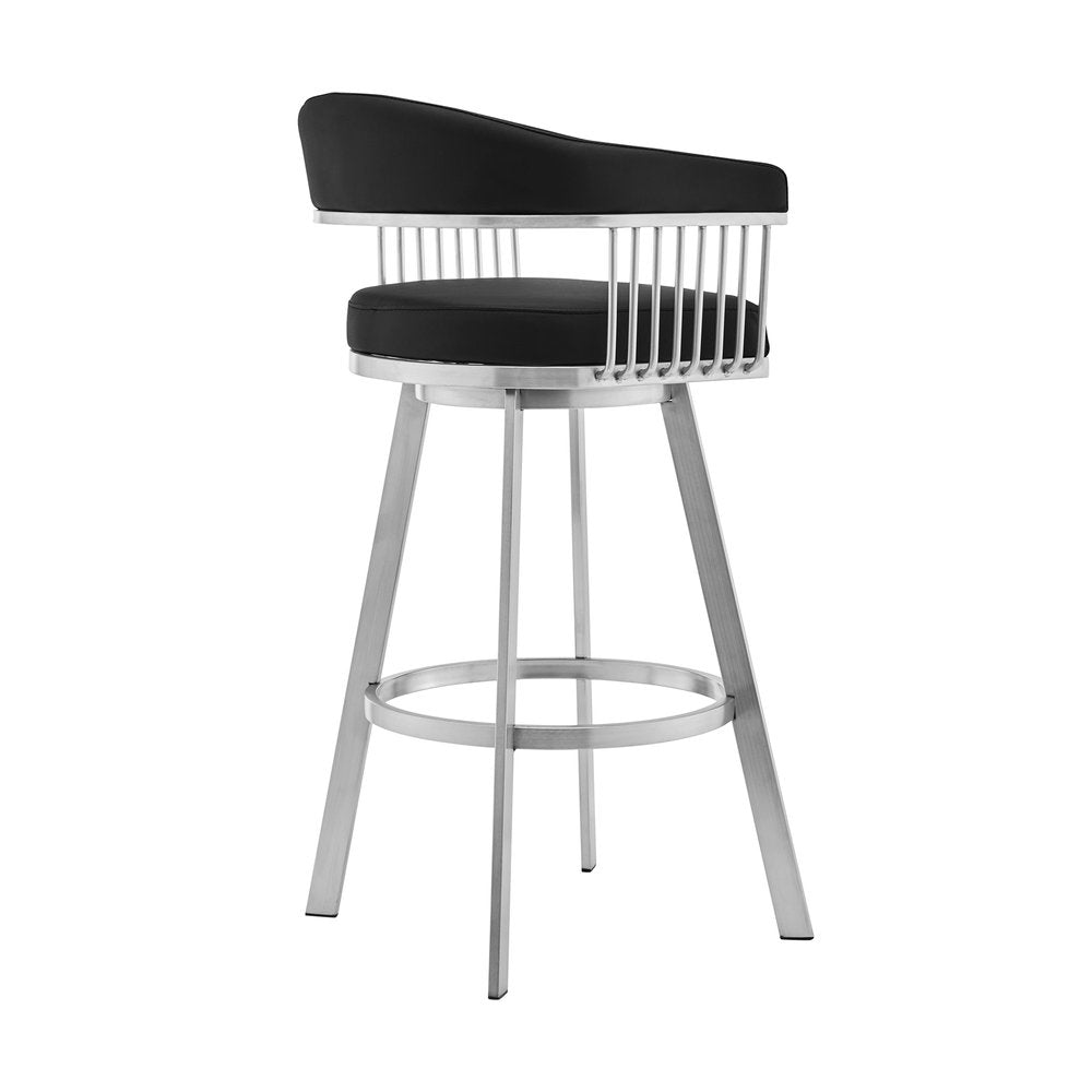 29" Black And Silver Fabric And Iron Backless Bar Height Swivel Bar Chair