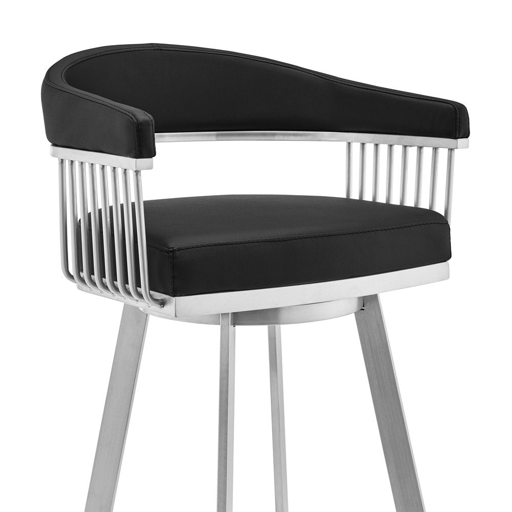 29" Black And Silver Fabric And Iron Backless Bar Height Swivel Bar Chair