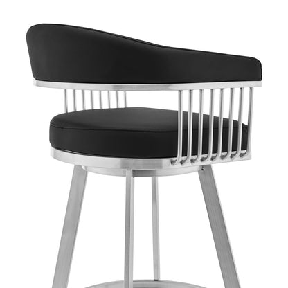 29" Black And Silver Fabric And Iron Backless Bar Height Swivel Bar Chair