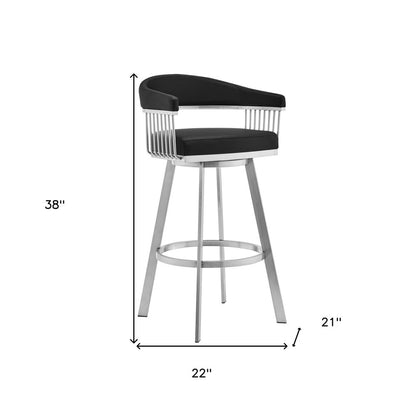 29" Black And Silver Fabric And Iron Backless Bar Height Swivel Bar Chair