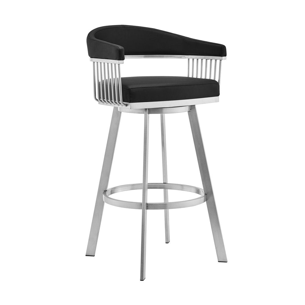 29" Black And Silver Fabric And Iron Backless Bar Height Swivel Bar Chair