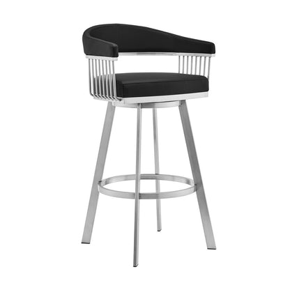 29" Black And Silver Fabric And Iron Backless Bar Height Swivel Bar Chair