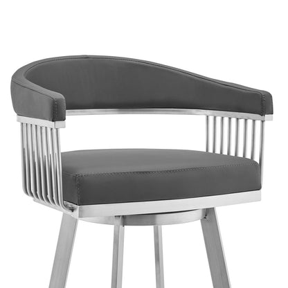 29" Gray And Silver Fabric And Iron Backless Bar Height Swivel Bar Chair