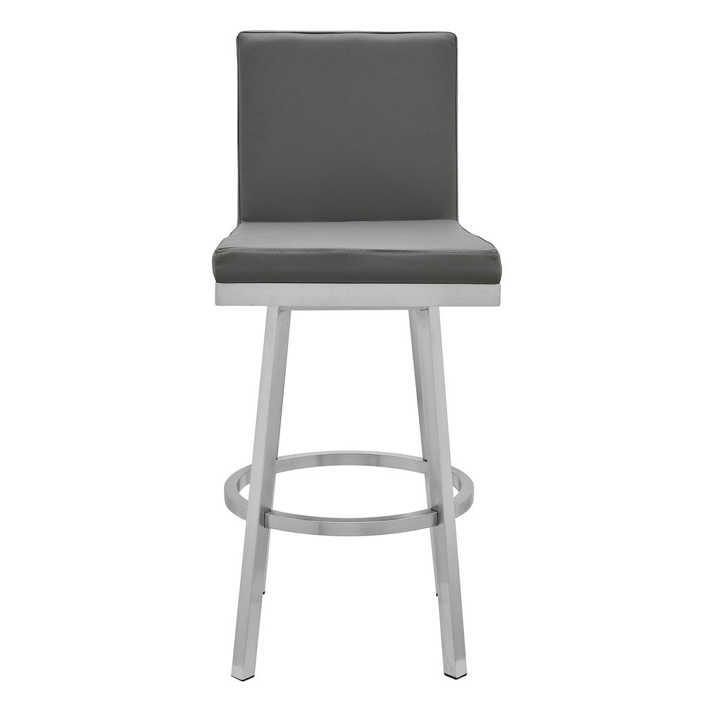 30" Gray And Silver Faux Leather And Faux Leather And Iron Bar Height Swivel Bar Chair