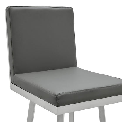30" Gray And Silver Faux Leather And Faux Leather And Iron Bar Height Swivel Bar Chair