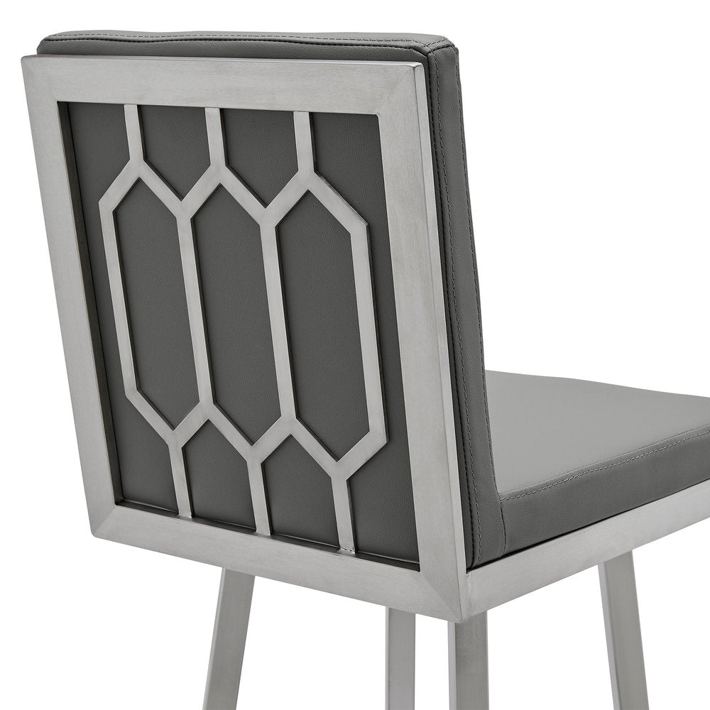 30" Gray And Silver Faux Leather And Faux Leather And Iron Bar Height Swivel Bar Chair