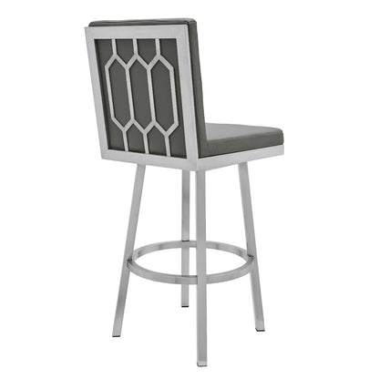 30" Gray And Silver Faux Leather And Faux Leather And Iron Bar Height Swivel Bar Chair
