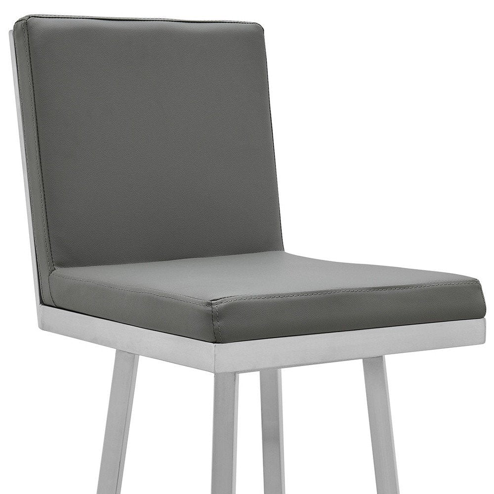 30" Gray And Silver Faux Leather And Faux Leather And Iron Bar Height Swivel Bar Chair