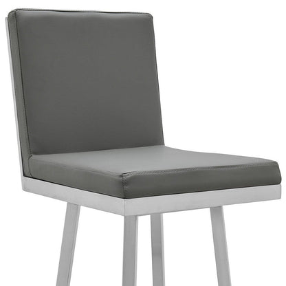 30" Gray And Silver Faux Leather And Faux Leather And Iron Bar Height Swivel Bar Chair