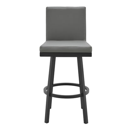 30" Gray And Black Faux Leather And Fabric And Iron Bar Height Swivel Bar Chair