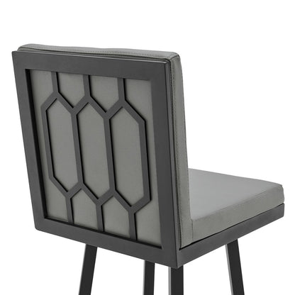 30" Gray And Black Faux Leather And Fabric And Iron Bar Height Swivel Bar Chair
