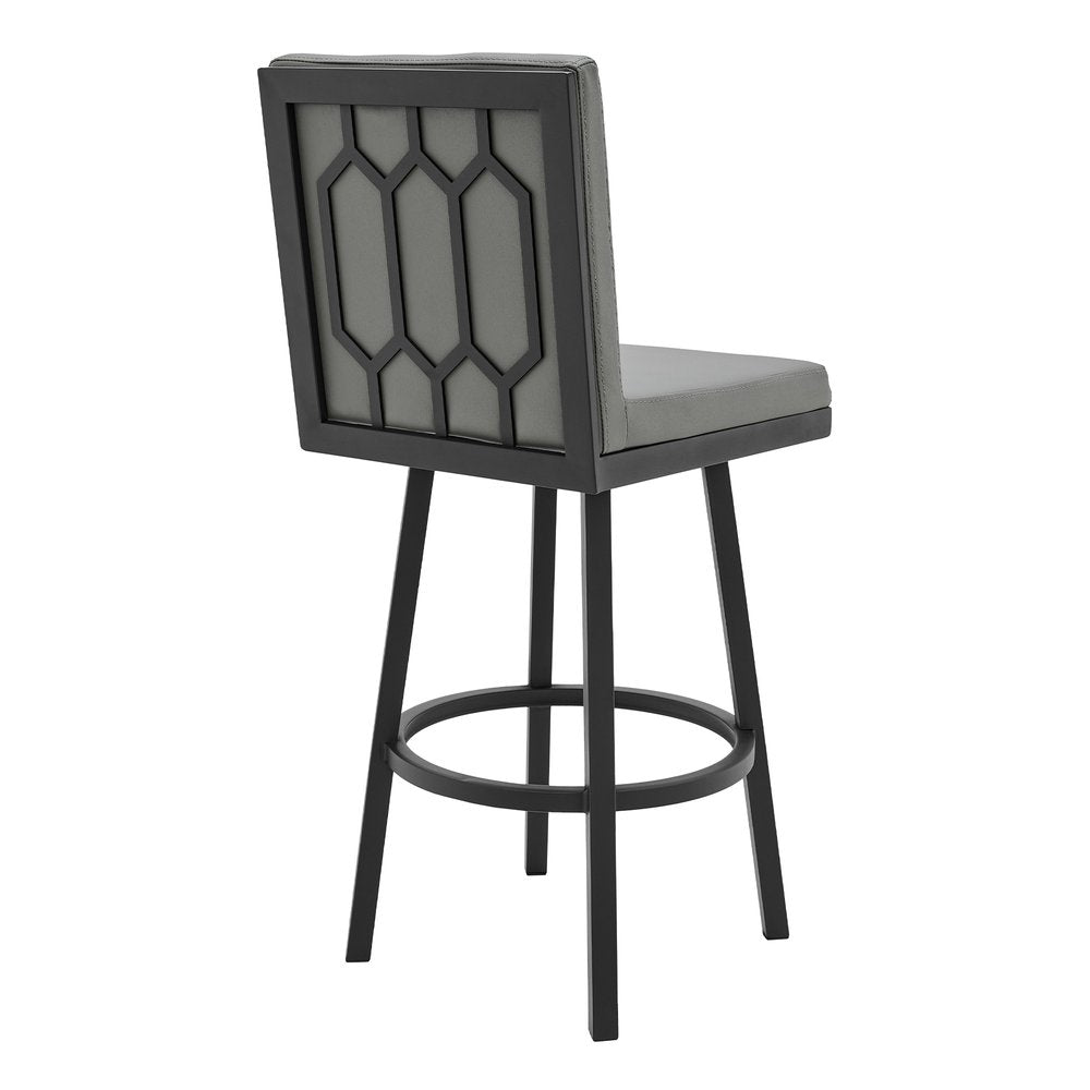 30" Gray And Black Faux Leather And Fabric And Iron Bar Height Swivel Bar Chair