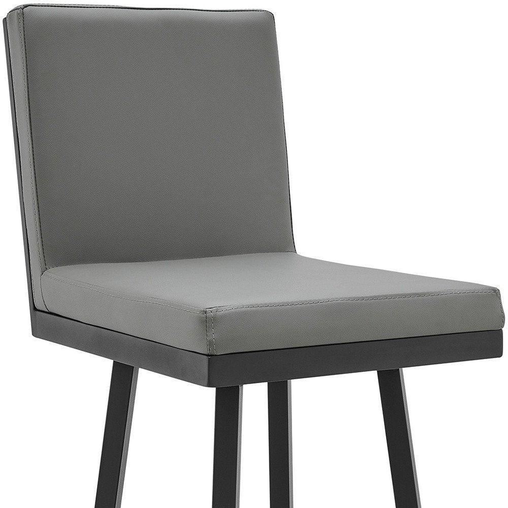 30" Gray And Black Faux Leather And Fabric And Iron Bar Height Swivel Bar Chair