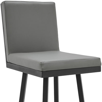 30" Gray And Black Faux Leather And Fabric And Iron Bar Height Swivel Bar Chair