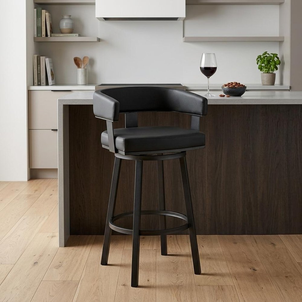 26" Black Fabric And Iron Low Back Counter Height Swivel Bar Chair