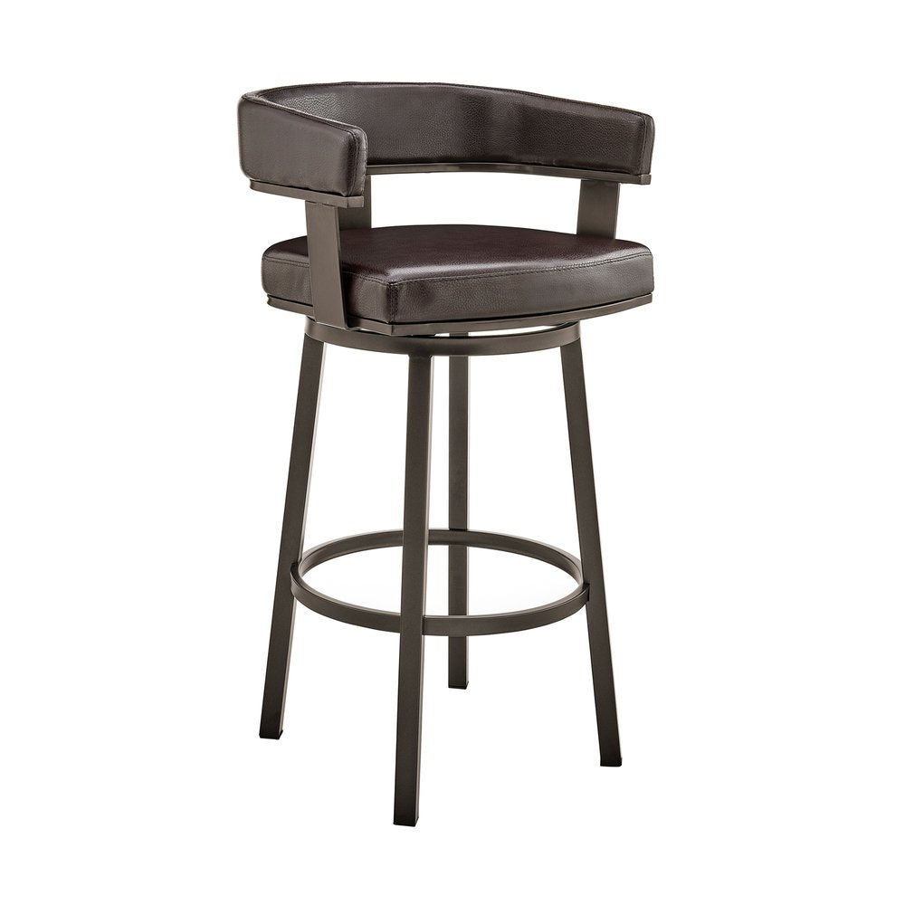 26" Chocolate And Gray Faux Leather And Faux Leather And Iron Low Back Counter Height Swivel Bar Chair