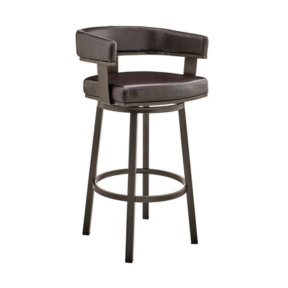 26" Chocolate And Gray Faux Leather And Faux Leather And Iron Low Back Counter Height Swivel Bar Chair