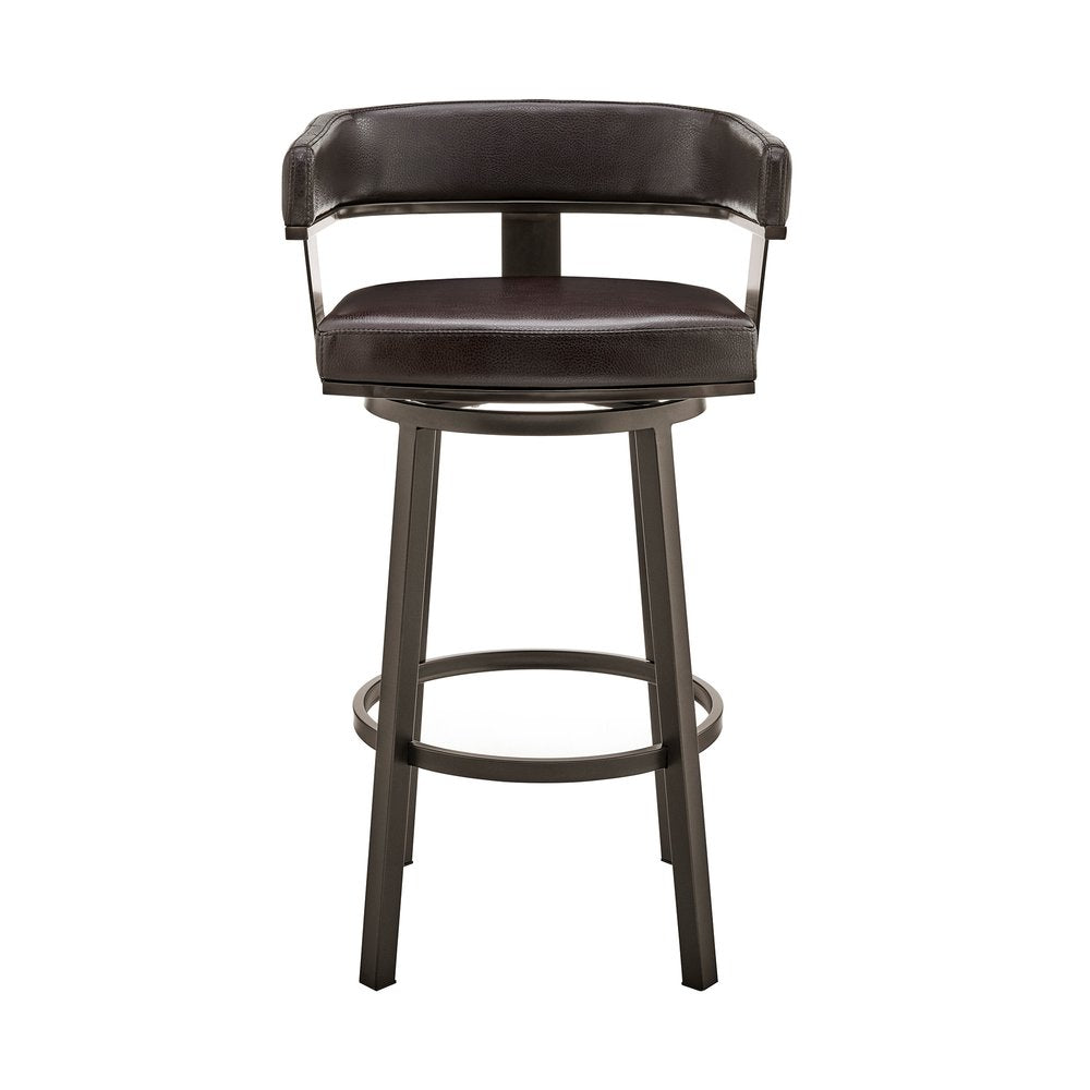 26" Chocolate And Gray Faux Leather And Faux Leather And Iron Low Back Counter Height Swivel Bar Chair