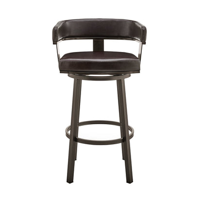 26" Chocolate And Gray Faux Leather And Faux Leather And Iron Low Back Counter Height Swivel Bar Chair