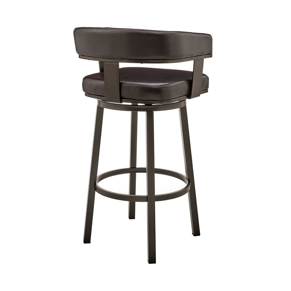 26" Chocolate And Gray Faux Leather And Faux Leather And Iron Low Back Counter Height Swivel Bar Chair