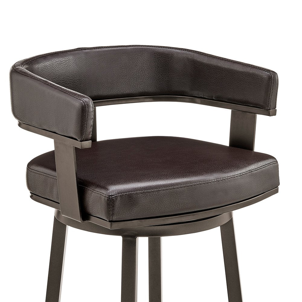 26" Chocolate And Gray Faux Leather And Faux Leather And Iron Low Back Counter Height Swivel Bar Chair