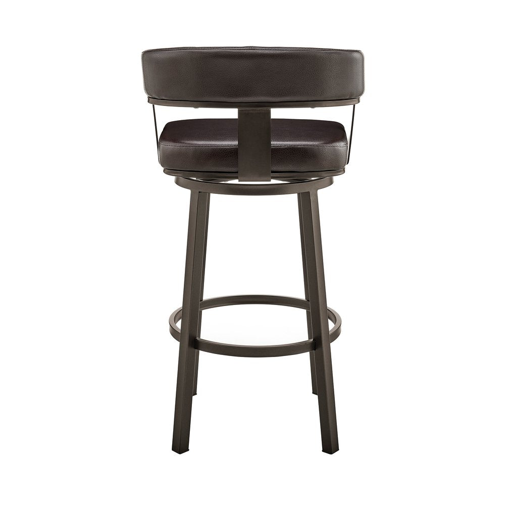 26" Chocolate And Gray Faux Leather And Faux Leather And Iron Low Back Counter Height Swivel Bar Chair