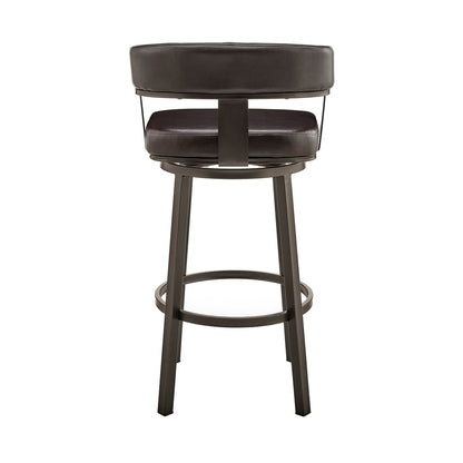 26" Chocolate And Gray Faux Leather And Faux Leather And Iron Low Back Counter Height Swivel Bar Chair